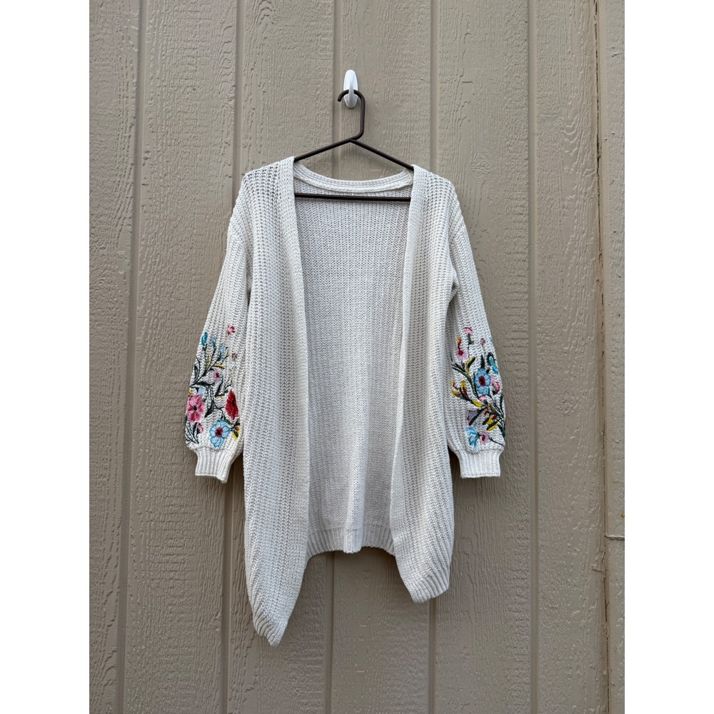 Unbranded Medium Cardigan Boho Floral Embroidery Cotton Blend Cream Sweater